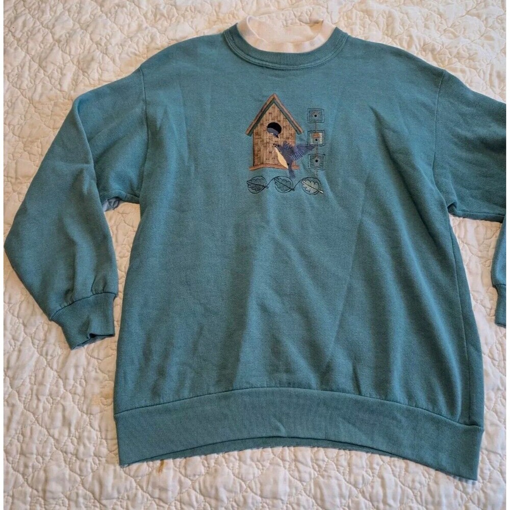 VTG 90s Whim Z Bird House Collared Sweater Womens L Teal Sweatshirt Grannycore